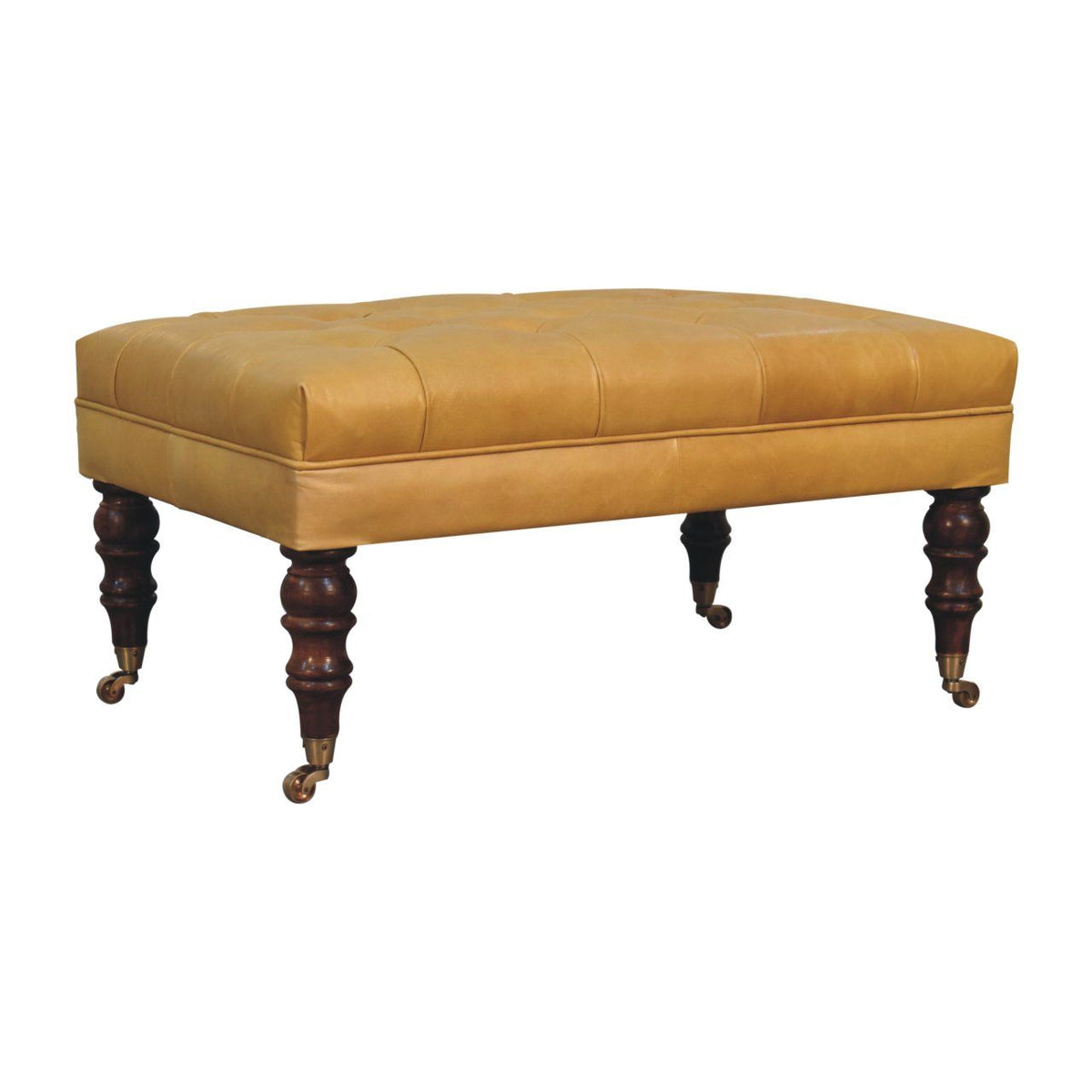 Honey Caramel Buffalo Tan Leather Ottoman with Castor Legs
