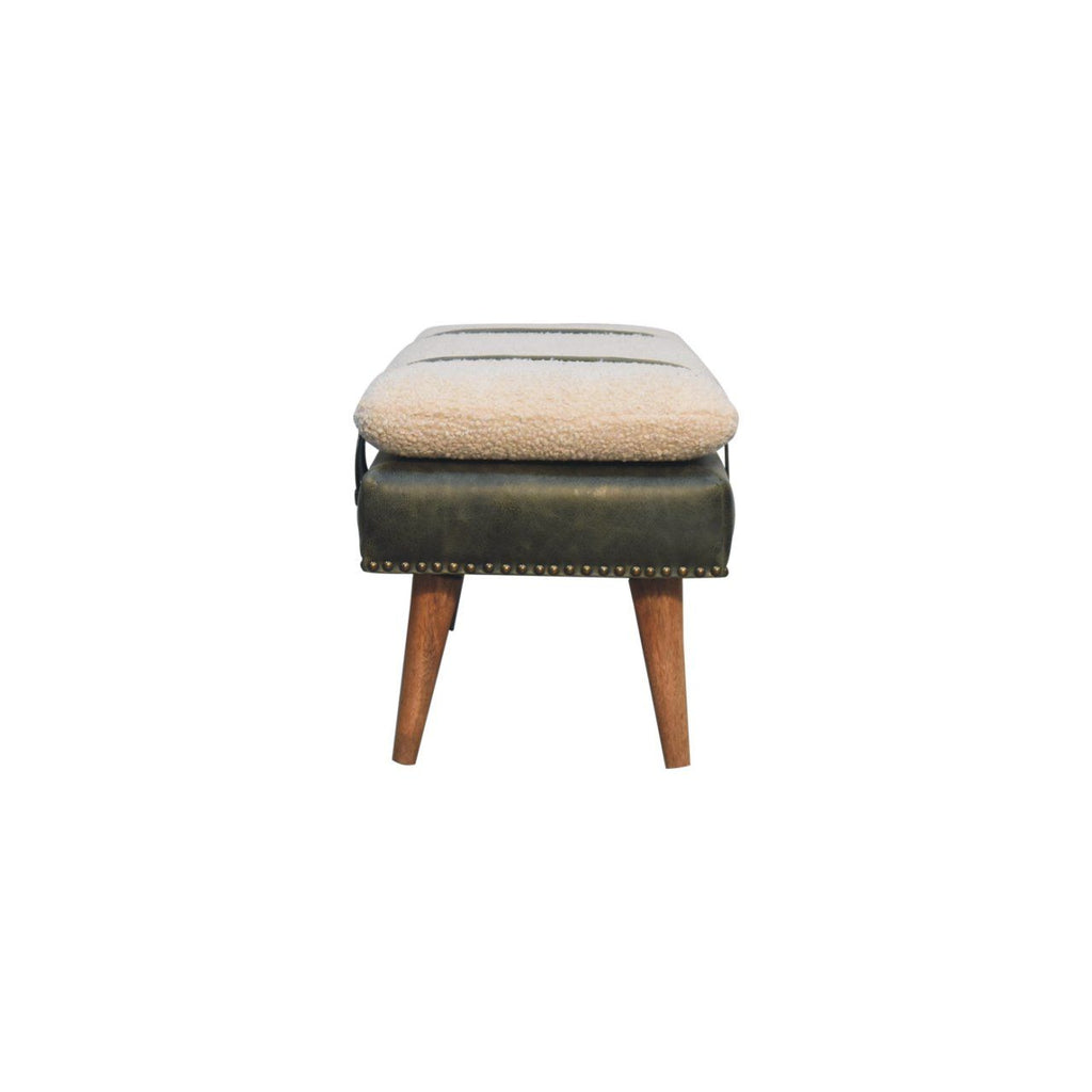 Bouclé Buffalo Hide Olive Green Leather Bench