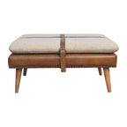 Large Square Bouclé Buffalo Hide Brown Leather Footstool