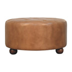 Brown Buffalo Hide Leather Round Ottoman