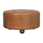 Brown Buffalo Hide Leather Round Ottoman