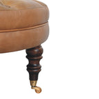 Brown Buffalo Leather Round Ottoman with Castor Legs