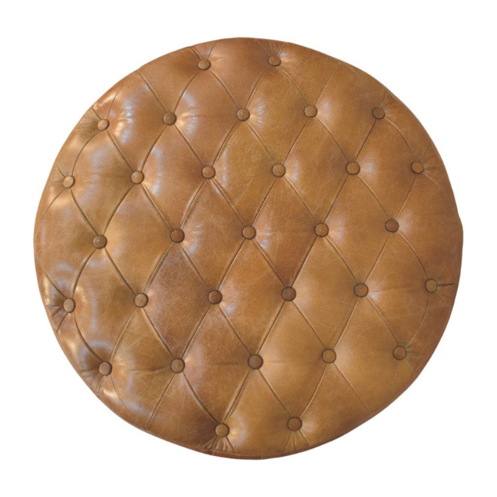 Brown Buffalo Leather Round Ottoman with Castor Legs