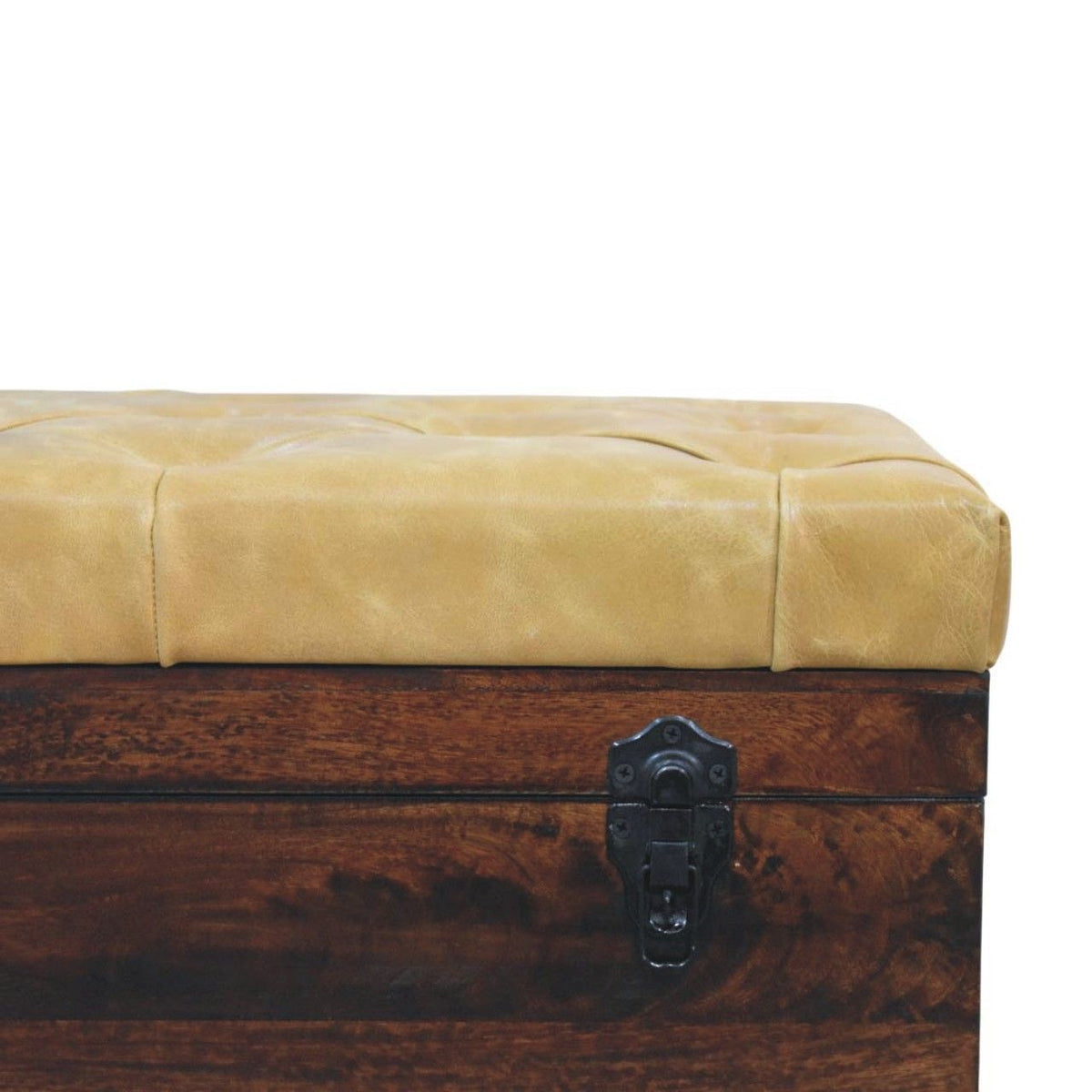Walnut Storage Trunk Bench with Tan Leather