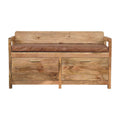 Oak-Tone Storage Bench with Brown Leather Seat