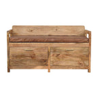 Oak-Tone Storage Bench with Brown Leather Seat