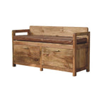 Oak-Tone Storage Bench with Brown Leather Seat