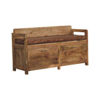 Oak-Tone Storage Bench with Brown Leather Seat