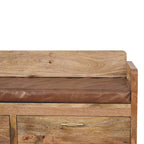 Oak-Tone Storage Bench with Brown Leather Seat