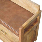 Oak-Tone Storage Bench with Brown Leather Seat